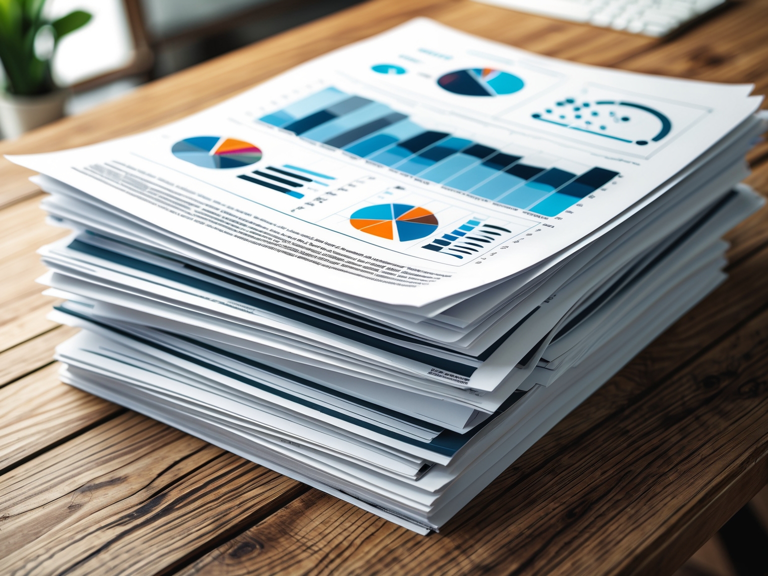 Stacked AI strategy documents with charts and graphs