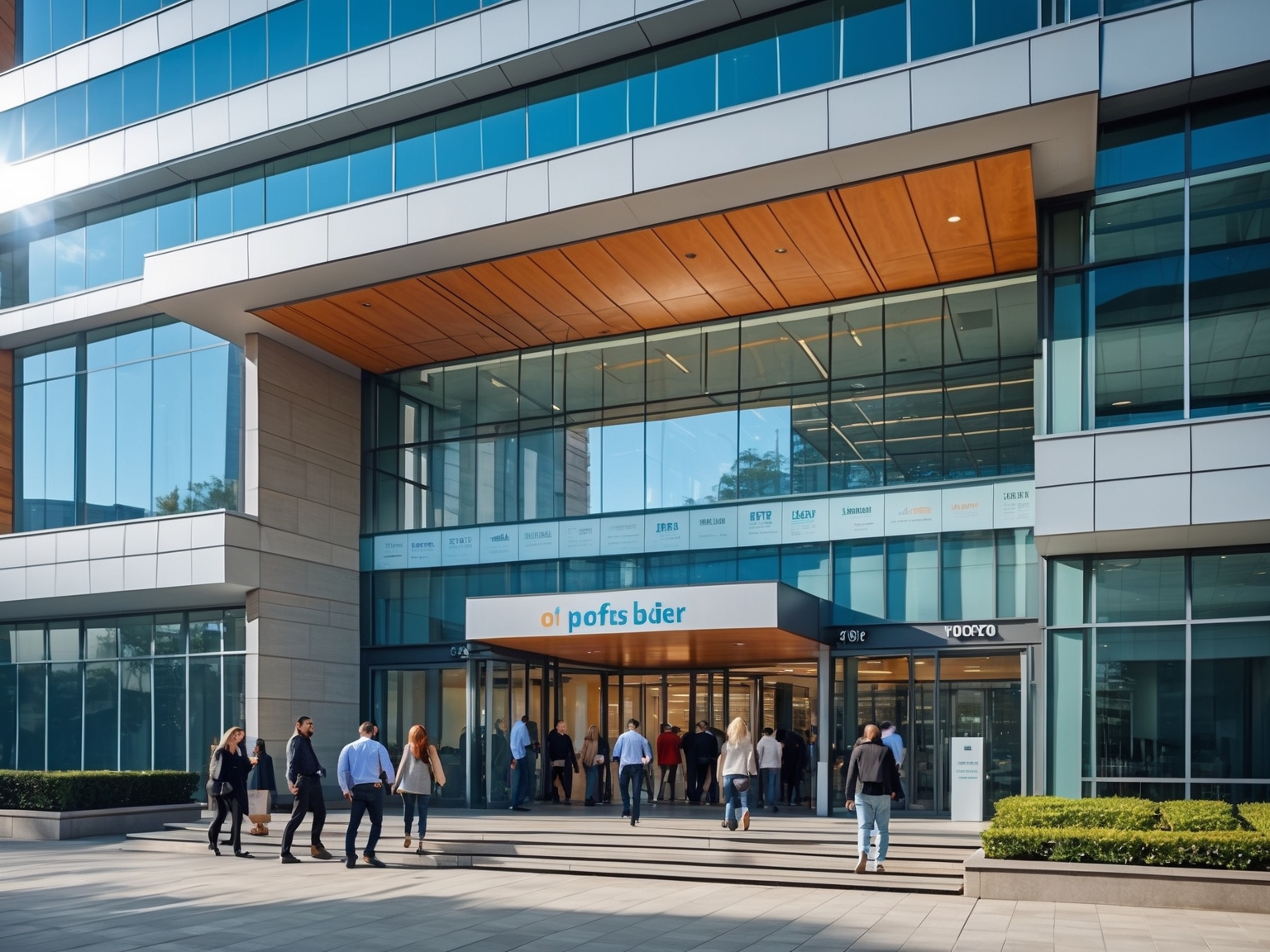 Exterior of modern office building entrance with signage