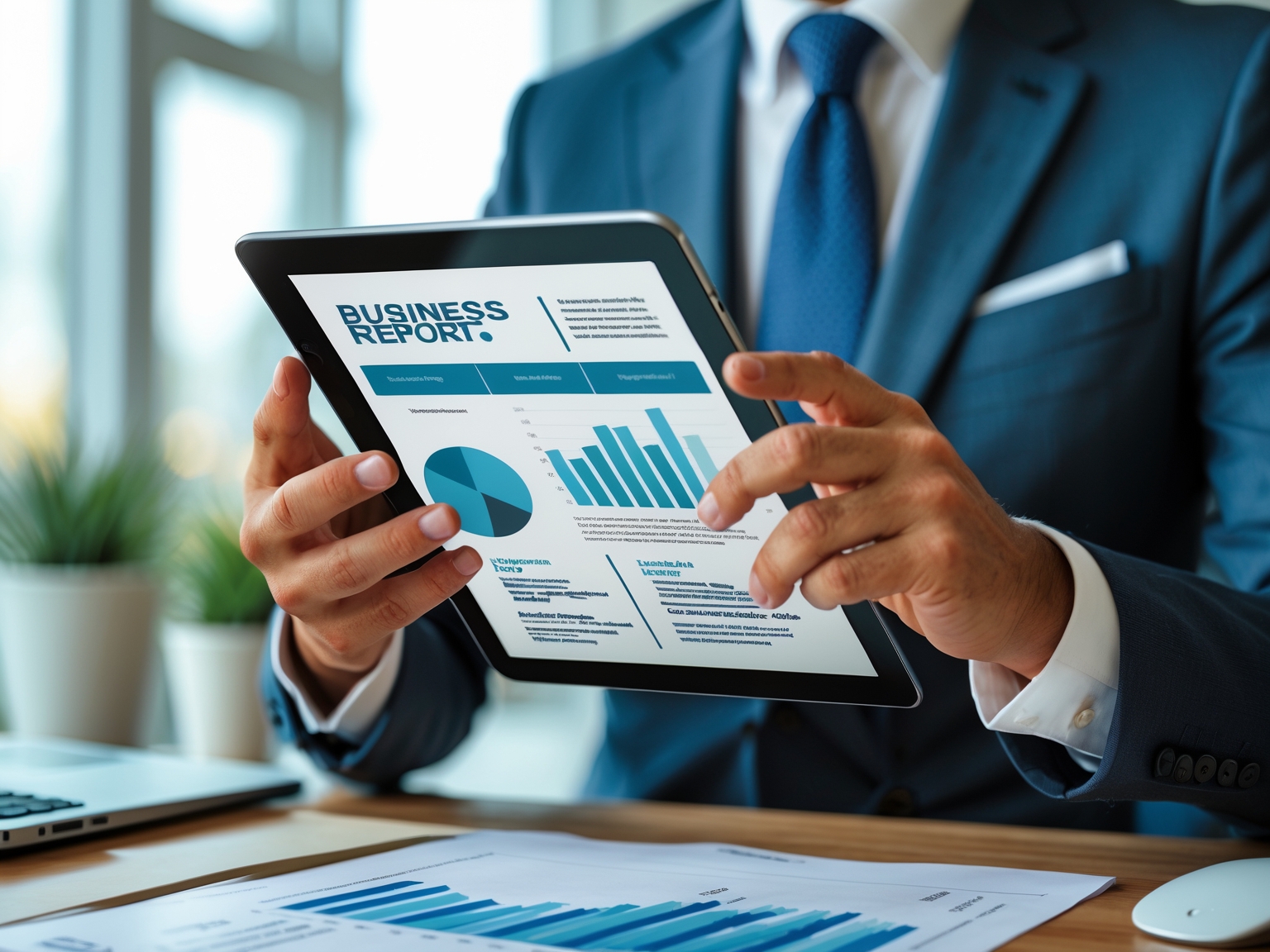 Business professional reading AI strategy report on tablet