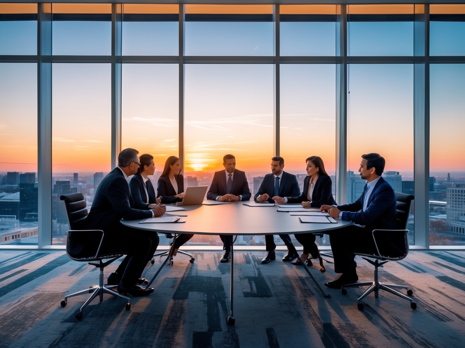 Executives discussing AI strategy documents in a modern conference room at sunset