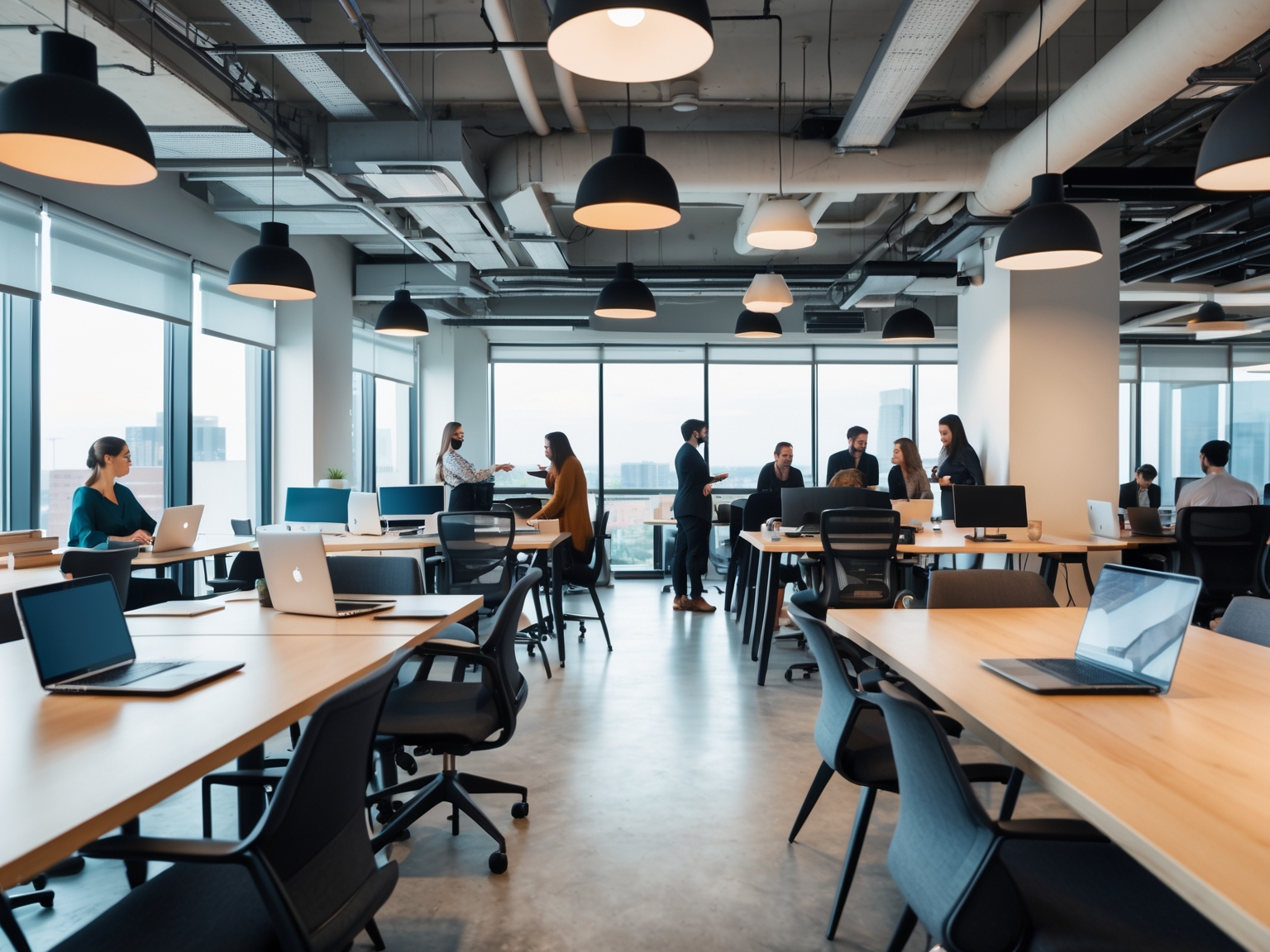 Modern coworking office space where AI Strategy Vault team collaborates