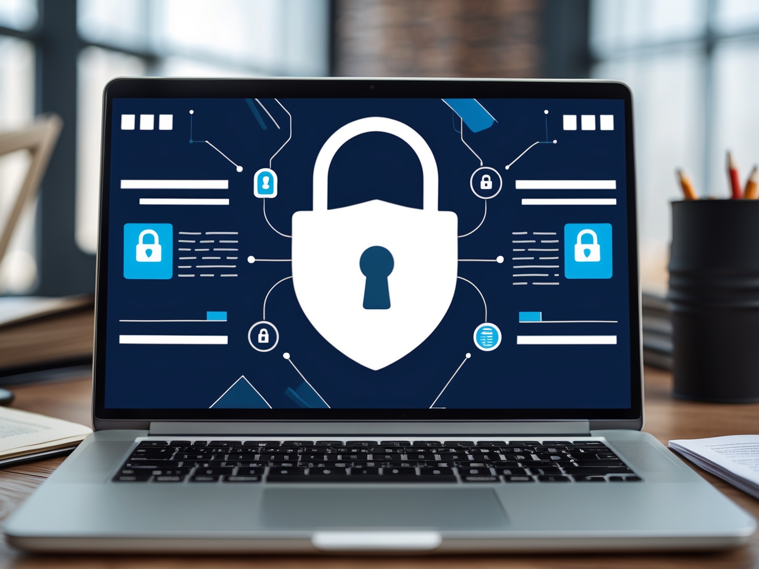 Symbolic image of padlock and shield icon on laptop screen with legal documents