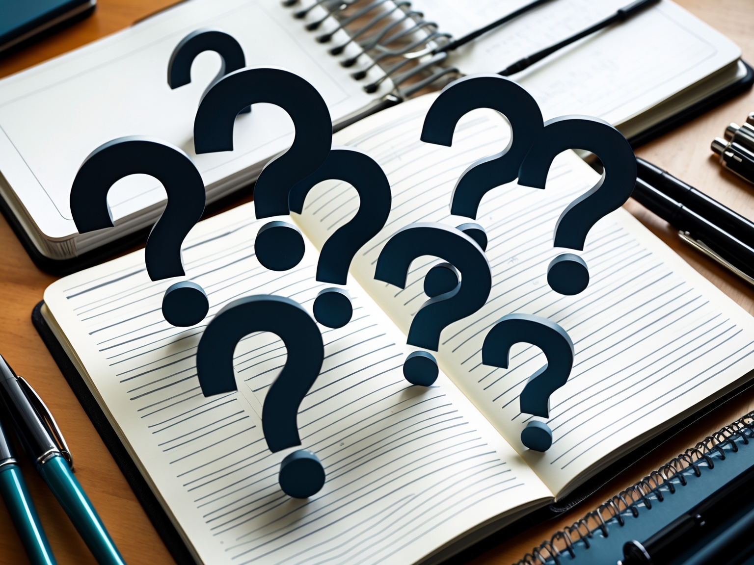 Conceptual arrangement of question mark icons over open notebooks and pens