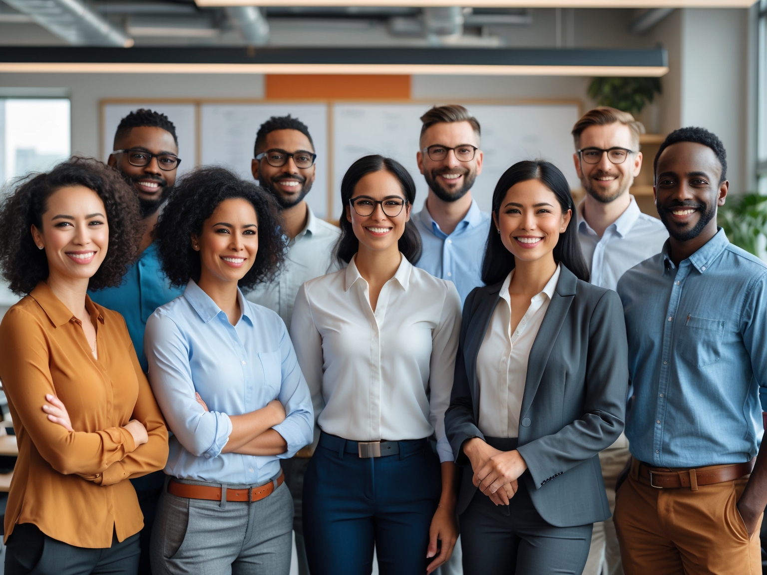 Group photo of diverse professionals standing together in casual office setting